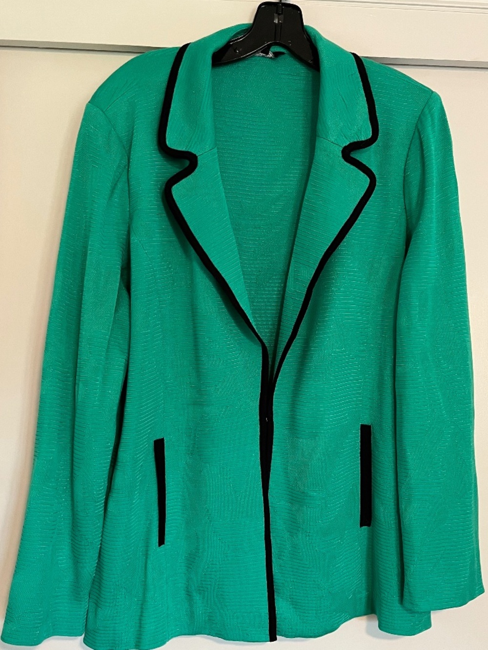Misook 2X Textured Knit Green Jacket/Cardigan with Black Trim Career Chic